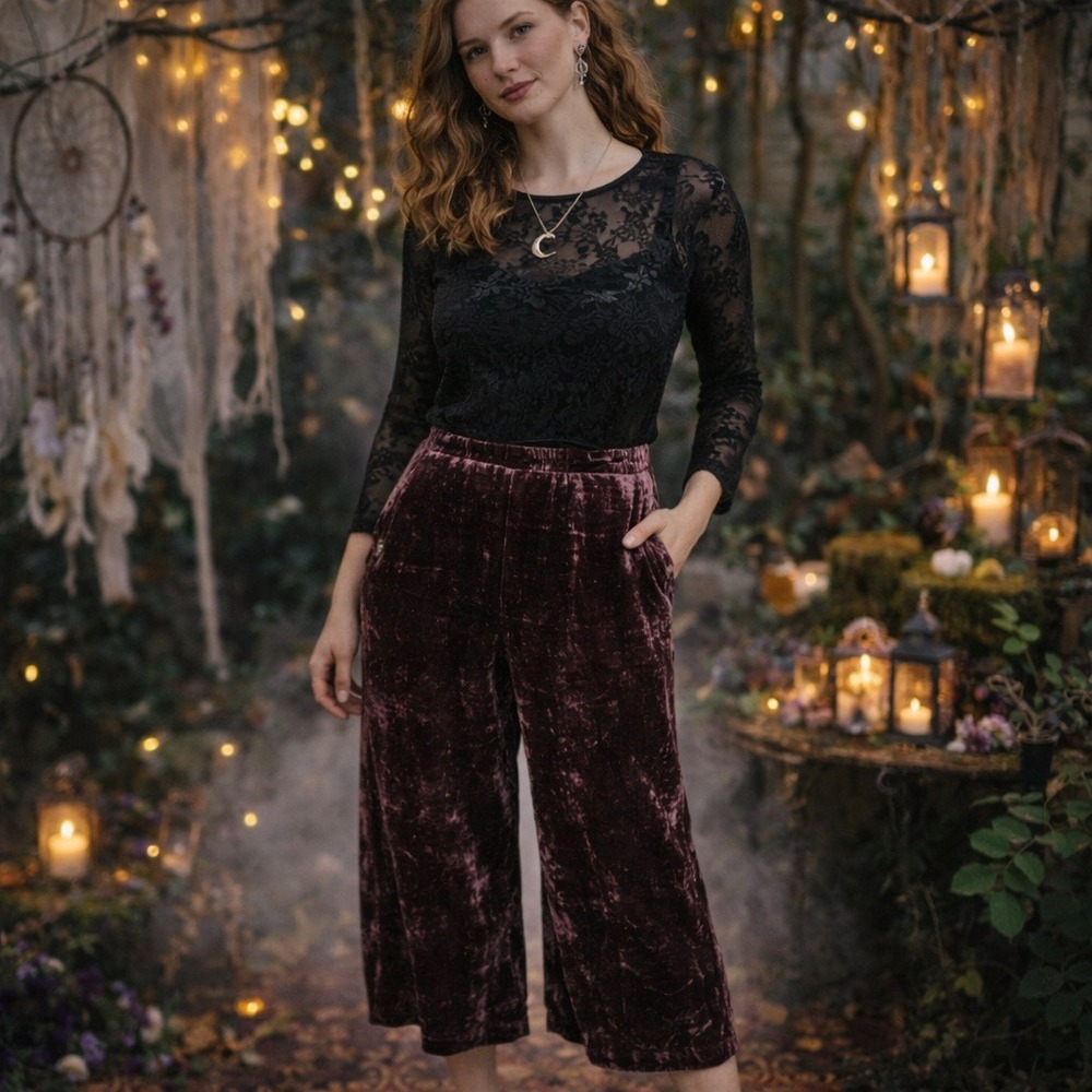 Madewell Cropped Pants Womens Medium Burgundy Velvet Wide Leg Whimsigoth‎ Boho